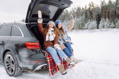 Sıcak kıyafetler içindeki iki neşeli kadın kış günü bir arabanın bagajında battaniyenin üzerinde otururlar. Güzel arkadaşlar, karlı bir ormanda araba yolculuğunun tadını çıkarırlar. Arkadaşlık, eğlence ve mevsimlik kavramları.