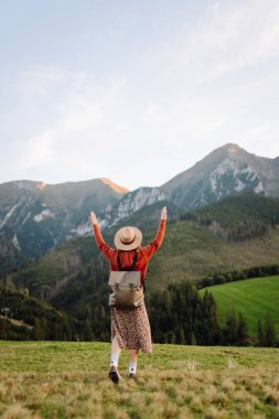 Sırt çantalı genç bir kadın gezgin gün batımında yeşil bir tepe boyunca geziniyor. Kadın dağ manzarasından zevk alıyor ve açık havanın özgürlüğünü hissediyor. Doğa, seyahat ve özgürlük kavramları.