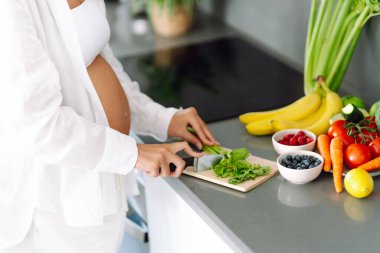 Hamile kadın modern mutfakta duruyor, taze sebze ve meyve doğruyor. Bebek bekleyen genç bir kadın sağlıklı yemek hazırlıyor ve sıcak odada güneşli bir günün tadını çıkarıyor. Konsept sağlık, bakım, keyif.