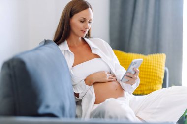 Genç hamile bir kadın rahat bir odada telefonu ile kanepede oturuyor. Hamile bir kadın oturma odasında telefonuyla mesajlaşıp rahatlıyor. Konfor, teknoloji ve blog konsepti.