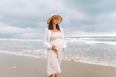Sevimli bir elbise içinde neşeli bir anne gün batımında kumsalda geziniyor. Hamile kadın deniz manzarasından zevk alır ve özgür hisseder. Fikir: yürüme, rahatlama ve beklenti. Yaşam biçimi.