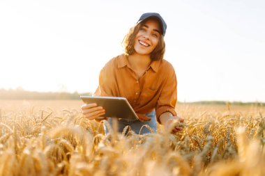 Bir dişi çiftçi elinde dijital tabletle buğday tarlasında duruyor. Genç bir dişi tarım uzmanı buğday saplarını tabletle tarlada inceliyor. Tarım kavramı, bol hasat..