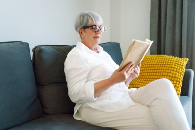 Yaşlı bir kadın rahat bir oturma odasında kanepede oturup kitap okuyor. Gri saçlı kadın kitap okumayı ve odada dinlenmeyi sever. Mutlu yaşlanma, rahatlama ve rahatlama kavramı..