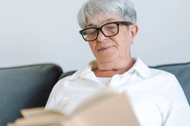 Yaşlı bir kadın rahat bir oturma odasında kanepede oturup kitap okuyor. Gri saçlı kadın kitap okumayı ve odada dinlenmeyi sever. Mutlu yaşlanma, rahatlama ve rahatlama kavramı..