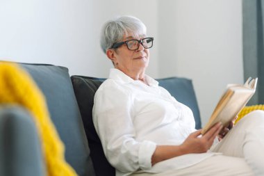 Yaşlı bir kadın rahat bir oturma odasında kanepede oturup kitap okuyor. Gri saçlı kadın kitap okumayı ve odada dinlenmeyi sever. Mutlu yaşlanma, rahatlama ve rahatlama kavramı..