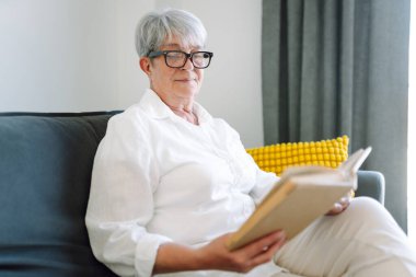 Yaşlı bir kadın rahat bir oturma odasında kanepede oturup kitap okuyor. Gri saçlı kadın kitap okumayı ve odada dinlenmeyi sever. Mutlu yaşlanma, rahatlama ve rahatlama kavramı..