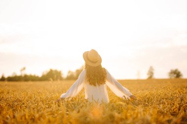 Hasır şapkalı, altın buğday tarlalarında yürüyen genç bir kadının dikiz görüntüsü. Tarladaki güzel bir kadın kendini özgür hissediyor ve günbatımının tadını çıkarıyor. Moda, güzellik ve doğa kavramı.