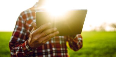 Gün batımında elinde dijital tablet olan yeşil bir tarla çiftçisinin yakın çekimi. Bir tarım uzmanı dijital tablet üzerinde çalışır ve ürün büyümesini kontrol eder. Çiftçilik ve teknoloji kavramları.