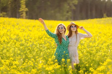 Elbiseli mutlu kız arkadaşlar güneş ışınlarındaki sarı bir tarlada eğleniyorlar. İki genç kadın geziniyor, dışarıda birlikte vakit geçiriyorlar. Arkadaşlık ve moda kavramları.