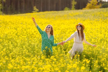 Elbiseli mutlu kız arkadaşlar güneş ışınlarındaki sarı bir tarlada eğleniyorlar. İki genç kadın geziniyor, dışarıda birlikte vakit geçiriyorlar. Arkadaşlık ve moda kavramları.