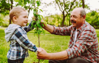 Bir büyükbaba ve torunu parkta otururken neşeyle burunlarına dokunurlar. Güneşli bir öğleden sonra yeşil çimenler ve ağaçlarla çevrilidir..
