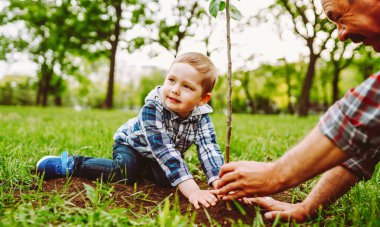 Bir büyükbaba ve torunu parkta otururken neşeyle burunlarına dokunurlar. Güneşli bir öğleden sonra yeşil çimenler ve ağaçlarla çevrilidir..