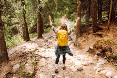 Genç bir yürüyüşçü seyrek bir ormanda kayalık yürüyüş yolu boyunca yürür. Sırt çantasıyla gülümseyen bir kadın maceranın ve dağ manzarasının tadını çıkarıyor. Konsept: yürüyüş, eğlence. Etkin yaşam biçimi.
