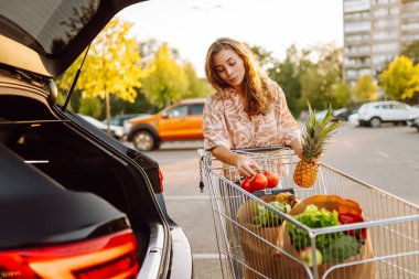 Park yerinde arabasının yanında taze yiyeceklerle duran genç bir kadının portresi. Güzel bir kadın arabanın bagajına meyve ve sebze koyar. Alışveriş, tüketim ve kentsel yaşam kavramları.