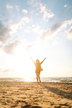 Güneşli bir günde sahilde eğlenen şapkalı genç bir kadının arka görüntüsü. Kadın kendini özgür hissediyor ve gün batımında deniz manzarasının tadını çıkarıyor. Özgürlük, rahatlama ve doğa kavramı.