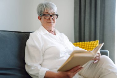 Gri saçlı yetişkin bir kadın rahat bir odada kanepede otururken kitap okur. Emekli bir kadın oturma odasında kitap okuyarak rahatlıyor. Rahatlama, emeklilik ve okuma kavramları.
