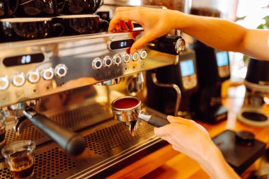 Bayan barista, kahve makinesinden yeni demlenmiş kahve hazırlıyor. Kahve dükkanındaki genç kadın güneşli bir günde barın arkasında dikilirken süt köpürüyor ya da espresso yapıyor. İçki kavramları.