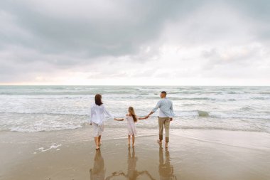 Çocuklu genç bir aile bulutlu bir günde kumlu sahilde geziniyor. Hamile kadın, koca ve çocukları deniz manzarasına hayranlar ve birlikte vakit geçiriyorlar. Aile kavramları, doğa ve yürüyüş..