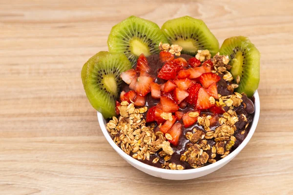 Cup Soverte Kiwi Strawberry Granola Fruits Space Text — Stock Photo, Image