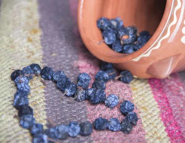 Bayas azules secas en alfombra étnica colorida y olla de arcilla . — Foto de Stock