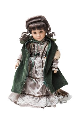 Vintage eski akıllı porselen bebek oyuncak güzel Tekstil elbiseli