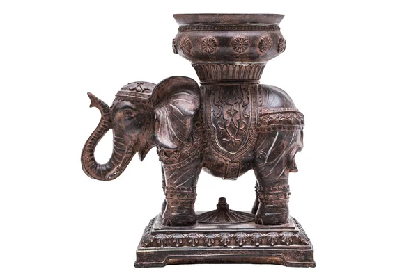 Handgemachter hölzerner brauner Elefant mit Sattel auf isoliertem Hintergrund — Stockfoto