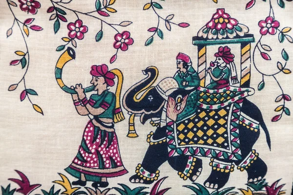 Embroidered textile oriental handmade pattern picture with indian story — Stock Photo, Image