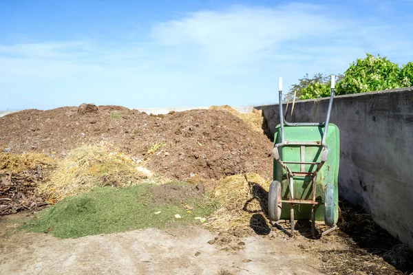 녹색녹슨 손수레가 농작물, 쓰레기, 건초를 담는 콘크리트 용기 안 에서 있다 — 스톡 사진