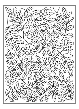 Dikensiz desenli yapraklar ve böğürtlenli Rowan dallarının ana hatları, boyama kitabı veya arka planı için siyah beyaz tasarım, el çizimi tarzı. Doğa, rahatlama ve yaratıcılık kavramı