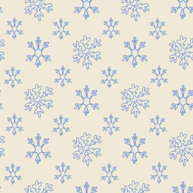 Seamless pattern of delicate blue snowflakes on beige background. Represents winter season, cold weather, and festive holiday concept
