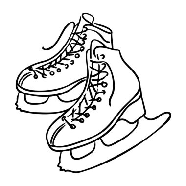 Pair of ice skates in hand drawn outline style with detailed laces and blades. Represents winter sport, leisure and holiday activity concept