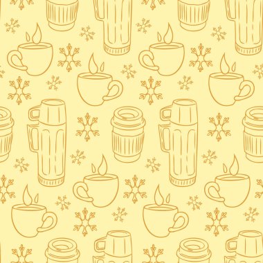 Seamless pattern with coffee cups, mugs, and snowflakes in warm tones, hand drawn in cozy style. Concept of winter comfort, hot drinks, and seasonal warmth