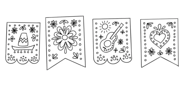 Set of hand drawn papel picado flags with traditional Day of the Dead designs including flower, guitar, hat, and heart motifs. Concept of mexican holiday, celebration, and cultural decoration