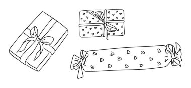 Kalp desenleriyle süslenmiş kurdeleli hediye kutularının el çizimi tasviri. Kutlama, tatil ve aşk hediye paketi kavramı