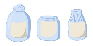 Mavi tonda üç cam kavanoz ve basit el çizimi şeklinde boş etiketler. Mutfak deposu, gıda korunumu ve minimalist ev organizasyonu kavramını temsil eder