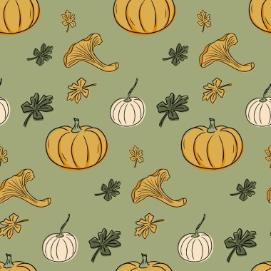 Balkabaklı, mantarlı ve yeşil arka planda sonbahar yapraklı kusursuz el çizimi deseni. Şükran Günü, hasat mevsimi ve rahat sonbahar konseptini temsil eder.