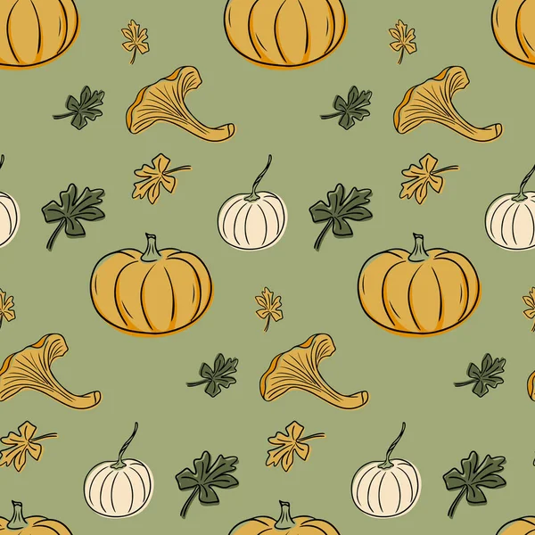 Balkabaklı, mantarlı ve yeşil arka planda sonbahar yapraklı kusursuz el çizimi deseni. Şükran Günü, hasat mevsimi ve rahat sonbahar konseptini temsil eder.