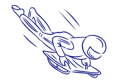 Minimalist mavi çizgili sanat tarzıyla buz pistinde yarışan iskelet atleti. Kış sporu, hız, cesaret ve olimpiyat kavramı