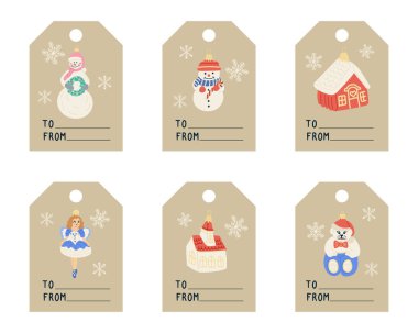 İçinde şirin süsler, kardan adamlar, ev ve bej arka planda balerin olan Noel hediye etiketleri. El çizimi vektör çizimi ekolojik ambalajı, bayram neşesini ve bayram hediyesini sembolize ediyor.