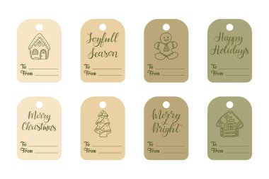 Zencefilli kek evleri, ağaçlar, selamlar ve basit sanat eserleriyle birlikte çevre stili Noel hediyeleri. Konsept, bayram sıcaklığını, doğal estetiği, kutlamaları ve mevsim ruhunu ifade ediyor.