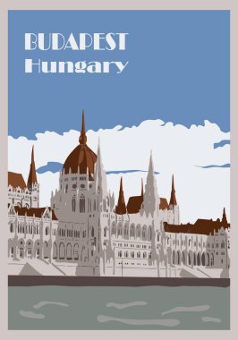 Budapeşte parlamentosunun Tuna nehri üzerinde ufuk çizgisi ve vektör tarzı mavi gökyüzü arkaplanı olan el çizimi bir poster. Avrupa seyahatleri, mimarlık mirası kavramı