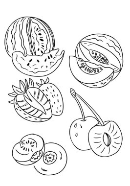 El çizimi vektör illüstrasyon seti meyveler ve böğürtlenler bütün olarak gösterilir ve ana hatlarıyla dilimlenir. Görüntü sağlıklı besinleri, tazeliği, beslenmeyi ve doğal organik yaşam tarzını temsil ediyor.