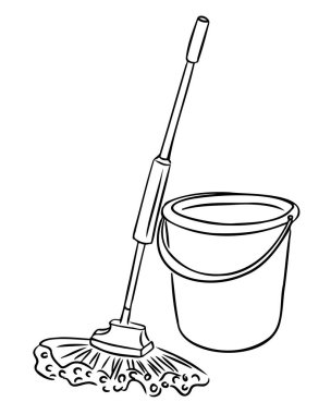 Beyaz arka planda izole edilmiş basit çizgi şeklinde kovayla elle çizilmiş temizlik bezi. İllüstrasyon ev işi, hijyen ve ev temizlik kavramını temsil ediyor
