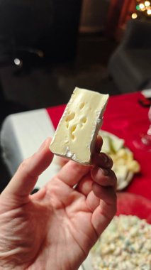 Yumuşak peynir, arka planda sıcak ışık altında yiyeceklerle birlikte şenlik masasının üzerinde duruyor. Tatma, gurme deneyimi, ev yapımı akşam yemeği ve konforlu yemek kavramı.