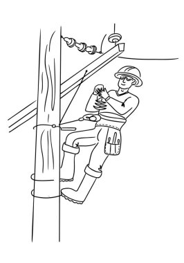 Elektrik direği üzerinde çalışan el yapımı bir elektrikçi. Beyaz arka planda izole edilmiş siyah çizgili güvenlik ekipmanları var. İllüstrasyon elektrik bakımını ve profesyonel işçiliği temsil ediyor.