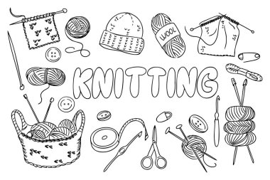 Şırınga, yün, düğme ve karalama çizgisi tarzında el yapımı aksesuarlarla örgü aletleri ve iplik unsurları. Samimi zanaat hobisi el yapımı tekstil ve DIY örgü etkinliği kavramı