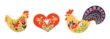 Dekoratif horoz, tavuk ve çiçeklerle süslü geleneksel tarzıyla halk sanatı. Bahar bayramı kutlaması, kırsal kültür ve sembolik aşk kavramı