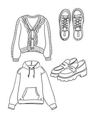 Elle çizilmiş bahar kıyafetleri, beyaz arka planda izole edilmiş hırka kapüşonlu spor ayakkabı ve mokasen ayakkabı. Bu görüntü günlük moda konseptini ve günlük kıyafet gereksinimlerini temsil ediyor.