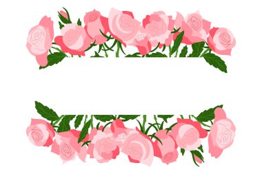 Beyaz arka planda üst ve alt sınırlarda izole edilmiş pembe güller ve yeşil yapraklarla el çizimi vektör çerçevesi. Bu resim aşkı, romantizmi, düğün tasarımını temsil ediyor.