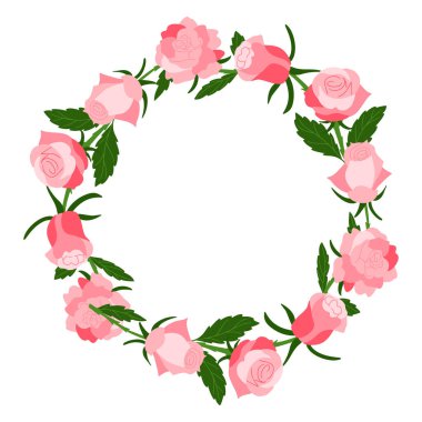 El çizimi gül çelengi pembe çiçek ve yeşil yaprak beyaz arka planda izole edilmiş vektör çiçek çerçevesi düğün davetiyesi ve romantik tasarım, aşk ve kutlama konsepti